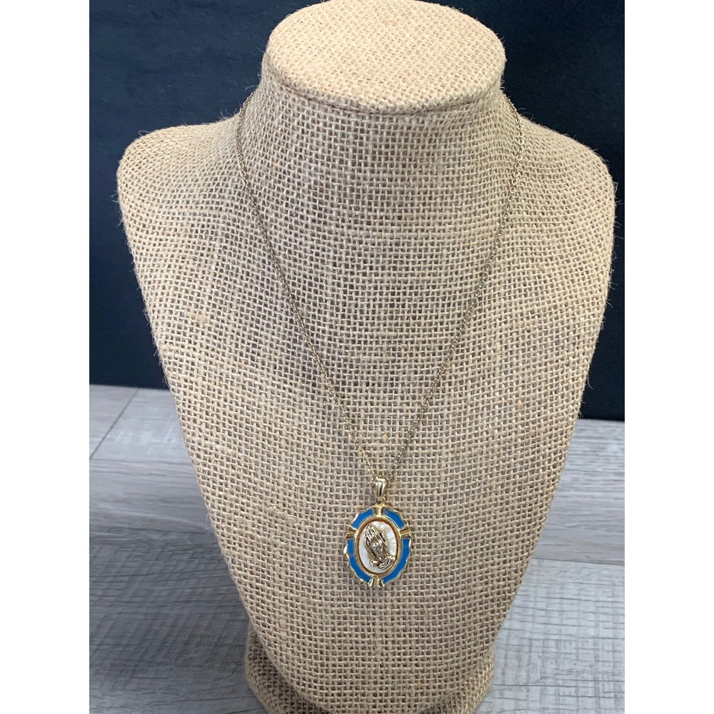 Gold Tone Praying Hands Religious Pendant Necklace Blue Enamel 16 Inch Chain